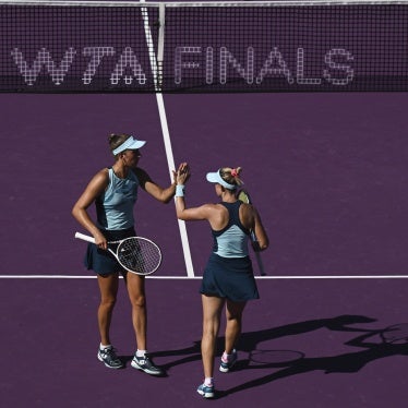 Storm Hunter of Australia and Elise Mertens of Belgium during a match during the GNP Seguros Women's Tennis Association Finals in Cancun, Mexico, October 30, 2023.